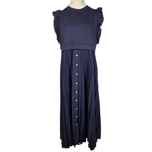 Cinq a Sept Zaha Dress Women XL NEW Navy Ruffle Pleated Midi French Terry Ruffle - Picture 1 of 12